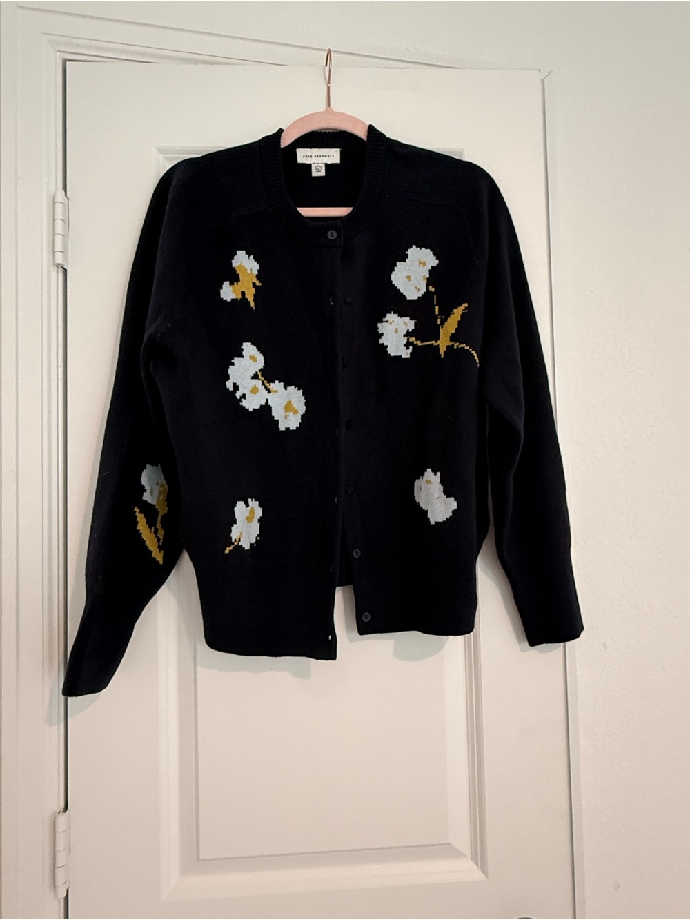 Madewell Navy Floral Button-Front Cardigan with White and Gold Flowers